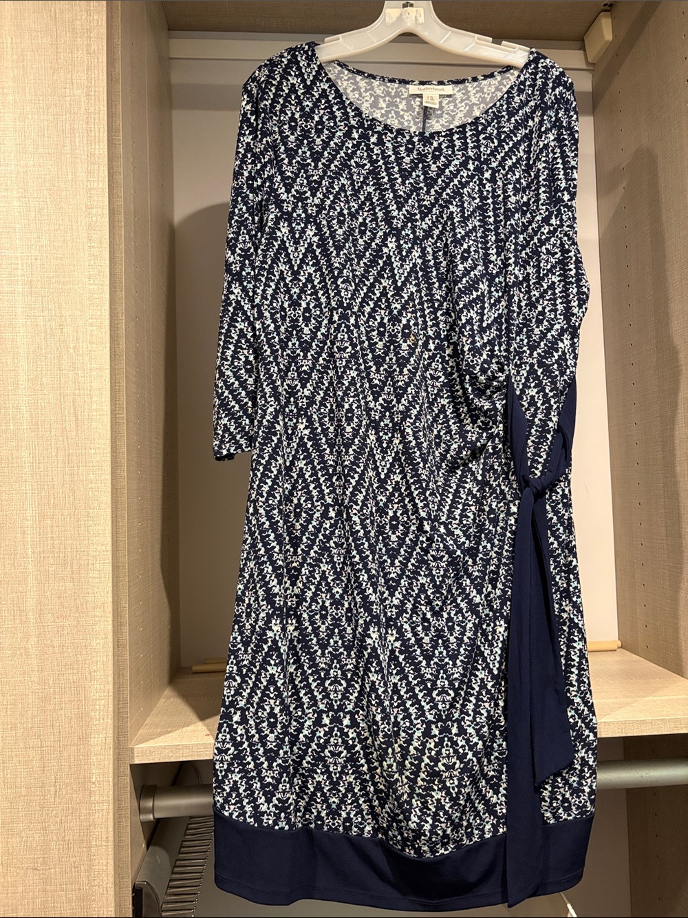 Motherhood Maternity Navy and White Patterned Tie-Detail Long Sleeve Dress